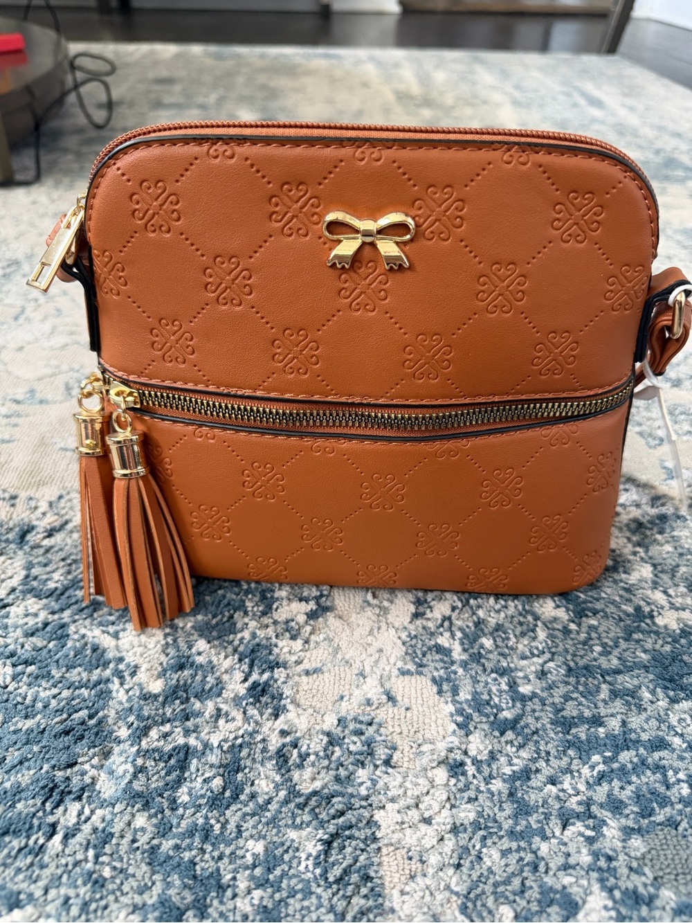 Classic Bow Embossed Crossbody Bag in Cognac